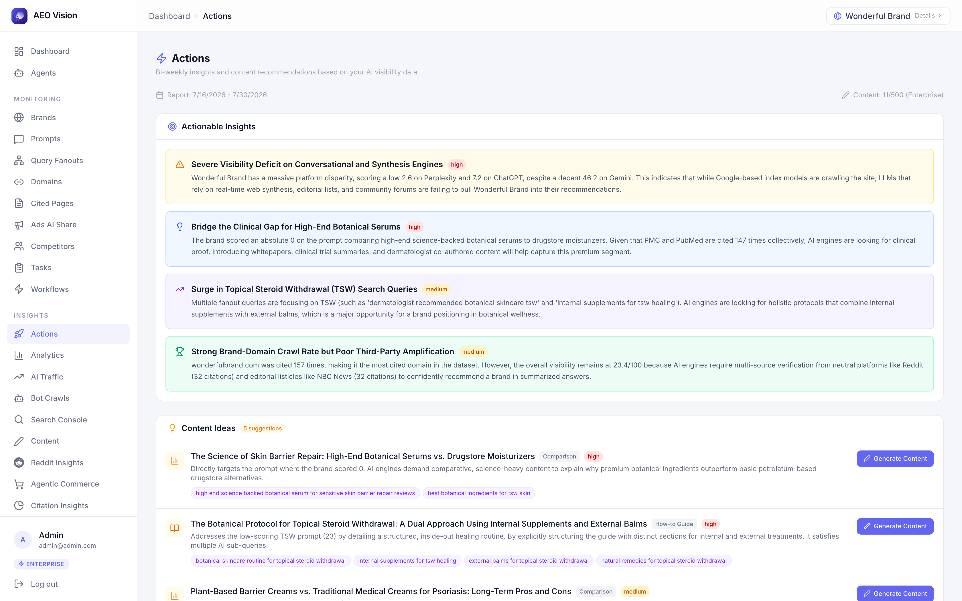 AEO Vision actionable insights and content recommendations